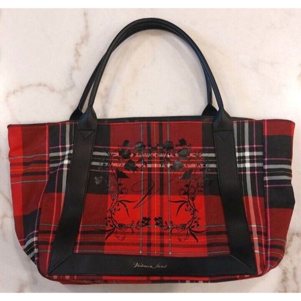 Victoria Secret Tote Bag Plaid Holiday Red Black Logo Everyday Casual 19x12x6